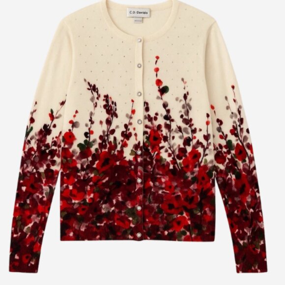 C.D. Daniels Cardigan Sweater Women’s 2X Floral Rhinestone Cream Red Burgundy - Picture 2 of 5